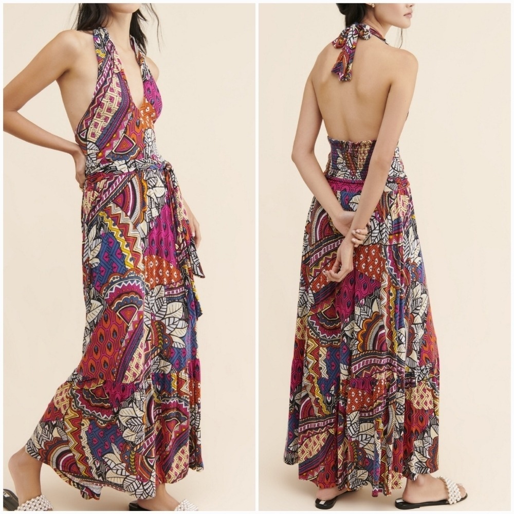 Anthropologie New Maeve Cynthia Pink Boho Print Maxi Halter Sun Dress SZ Small